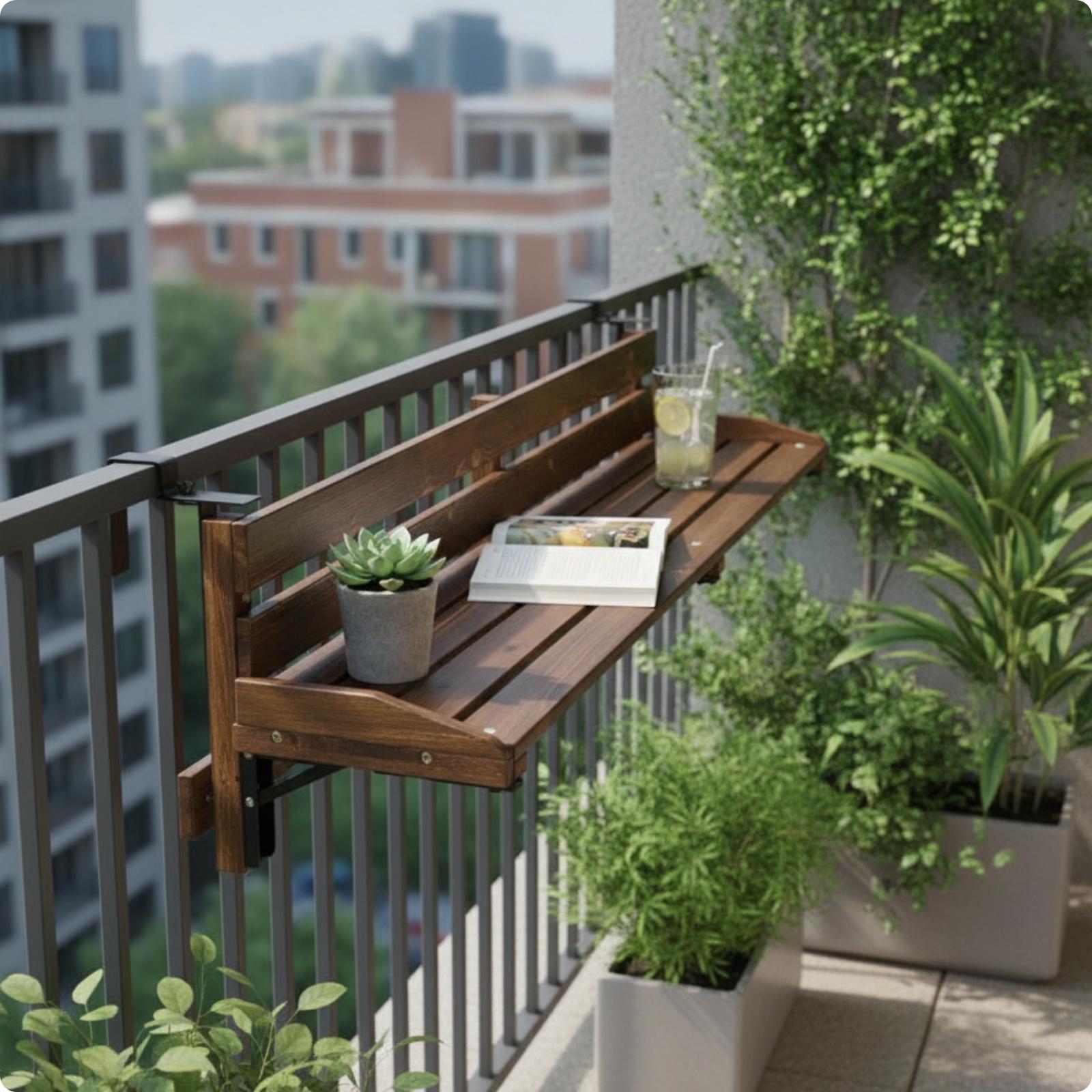 Outdoor Furniture Wood - 折りたたみ式バルコニー手すり付き木製調整可能テーブル、省スペース家具、狭いアパートや屋外用の手すり付きテーブル