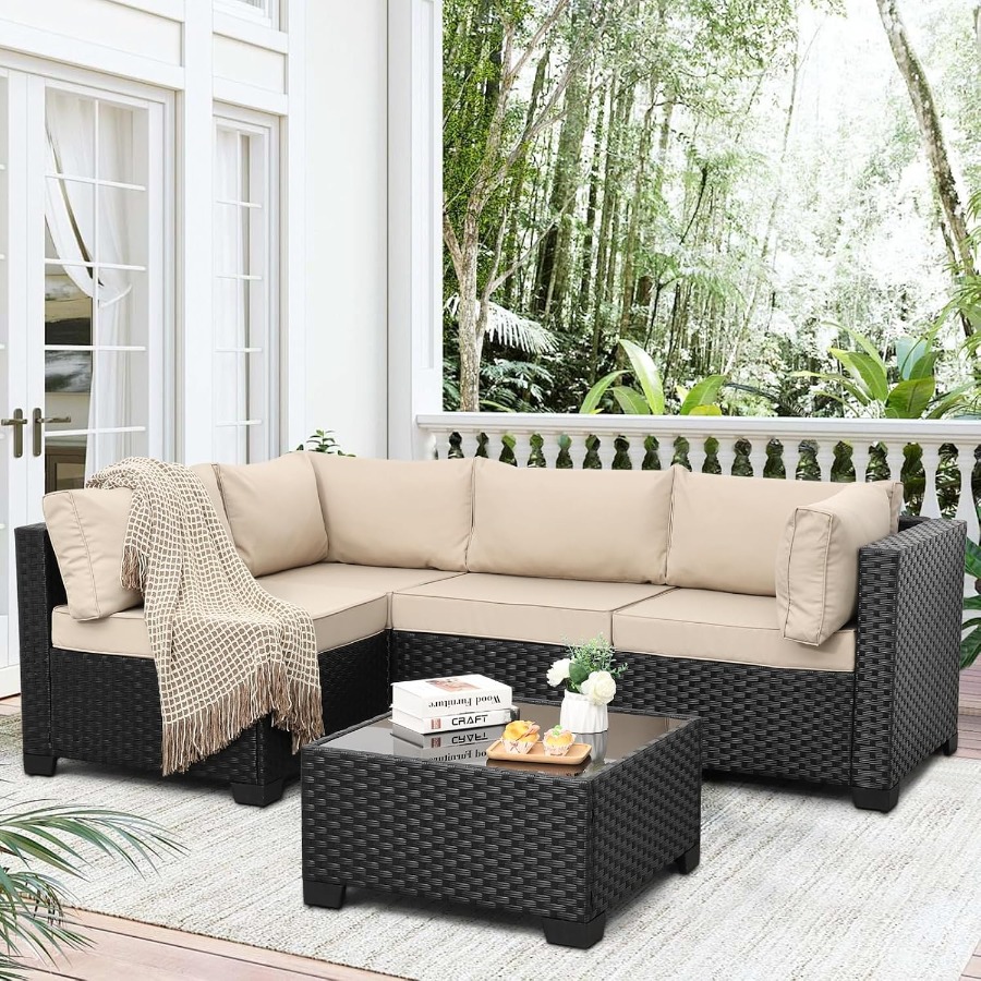 屋外用5点セットのパティオ家具。黒色のラタン素材を使用した、 - Outdoor Furniture Metal Chairs のレビューと価格